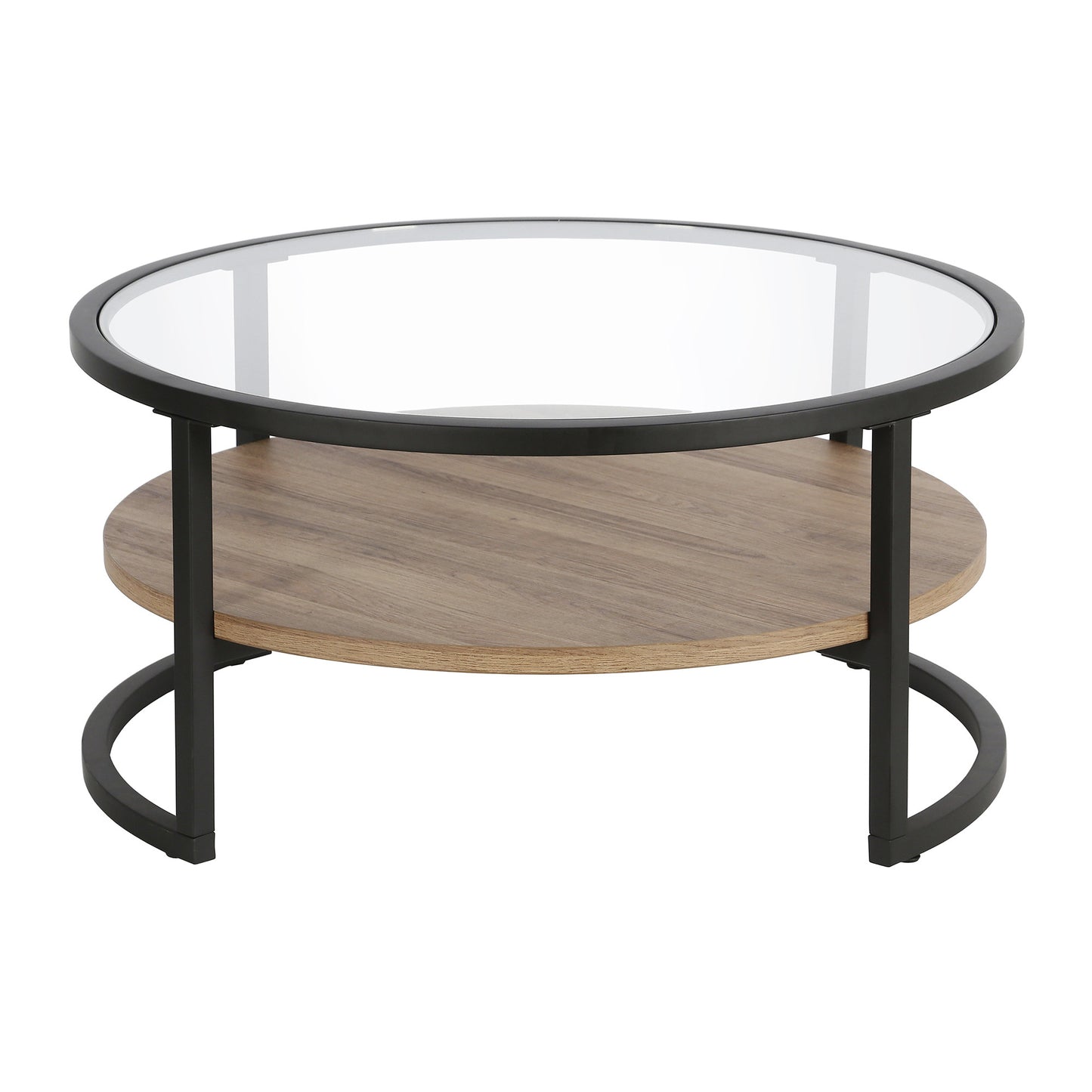 34" Brown And Black Glass And Steel Round Coffee Table With Shelf