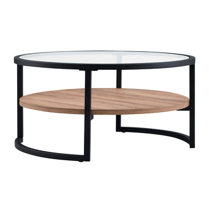 34" Brown And Black Glass And Steel Round Coffee Table With Shelf