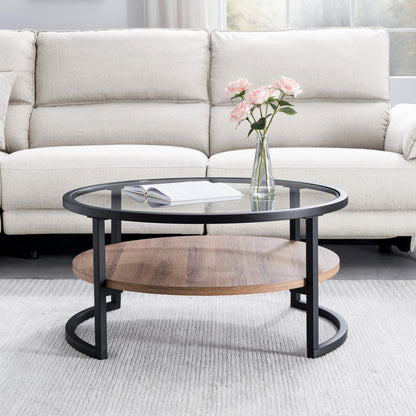 34" Brown And Black Glass And Steel Round Coffee Table With Shelf