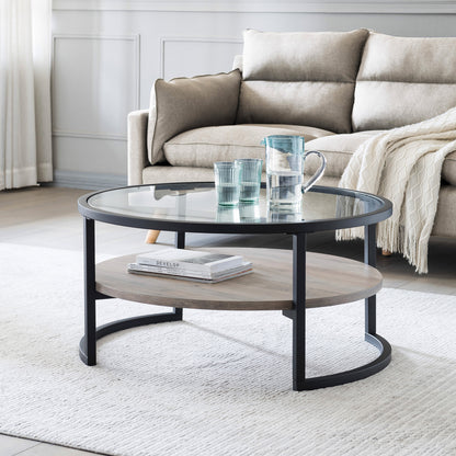 34" Black Glass And Steel Round Coffee Table With Shelf