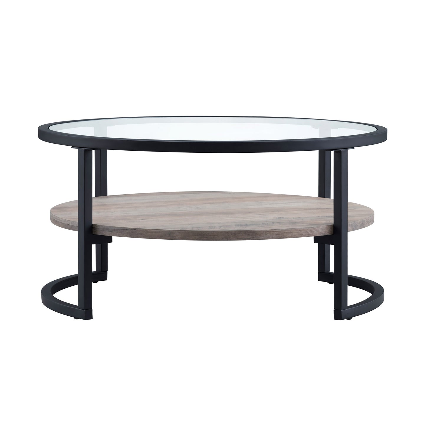 34" Black Glass And Steel Round Coffee Table With Shelf