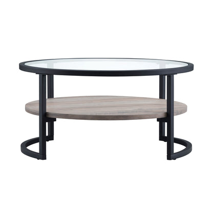 34" Black Glass And Steel Round Coffee Table With Shelf