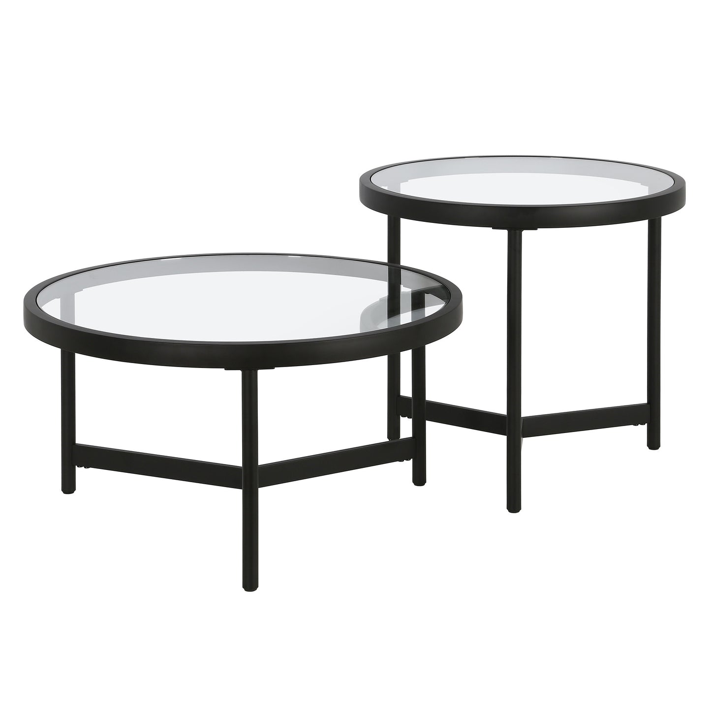 Set of Two 30" Black Glass And Steel Round Nested Coffee Tables