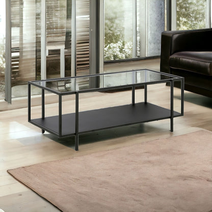 45" Clear And Black Glass And Steel Coffee Table With Shelf