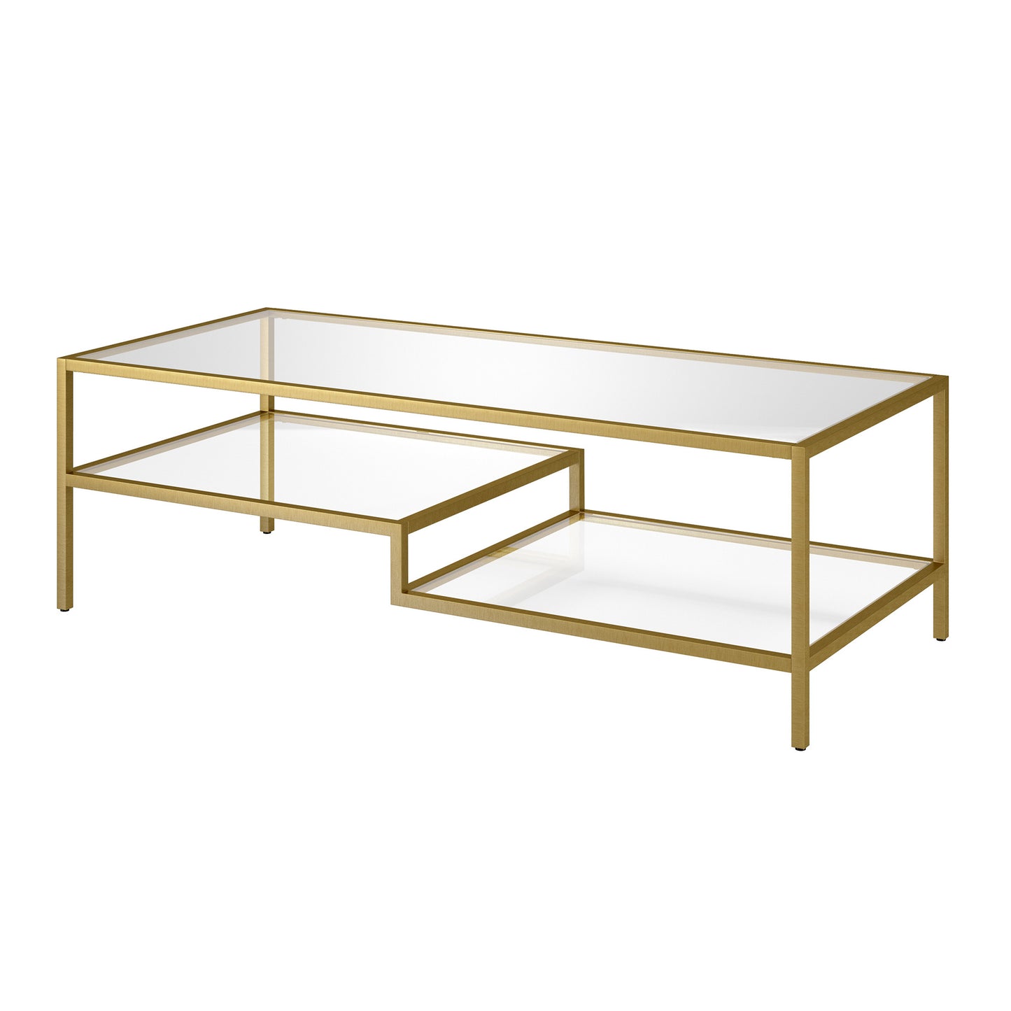 54" Gold Glass And Steel Coffee Table With Two Shelves