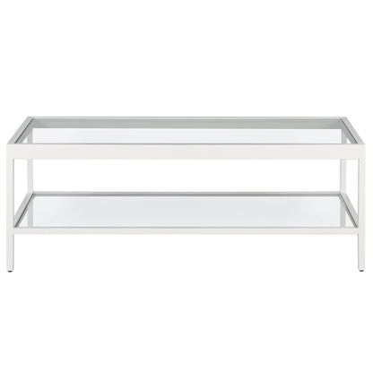 45" Clear Glass And White Steel Coffee Table With Shelf