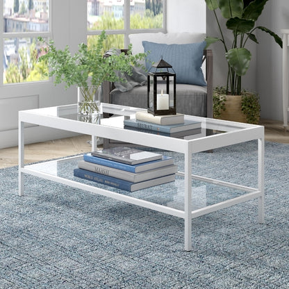 45" Clear Glass And White Steel Coffee Table With Shelf