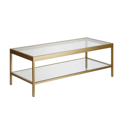 45" Clear Glass And Gold Steel Coffee Table With Shelf