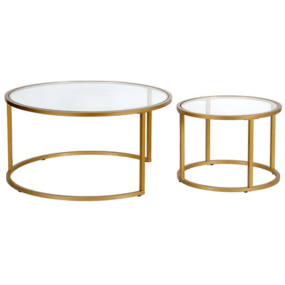 Set of Two 35" Gold Glass And Steel Round Nested Coffee Tables