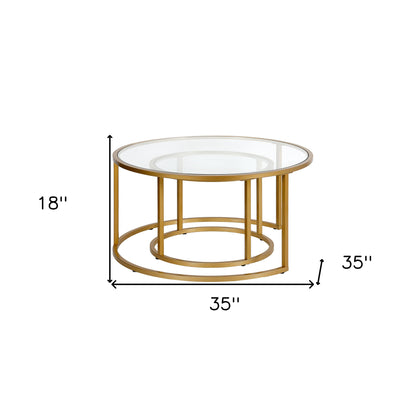 Set of Two 35" Gold Glass And Steel Round Nested Coffee Tables