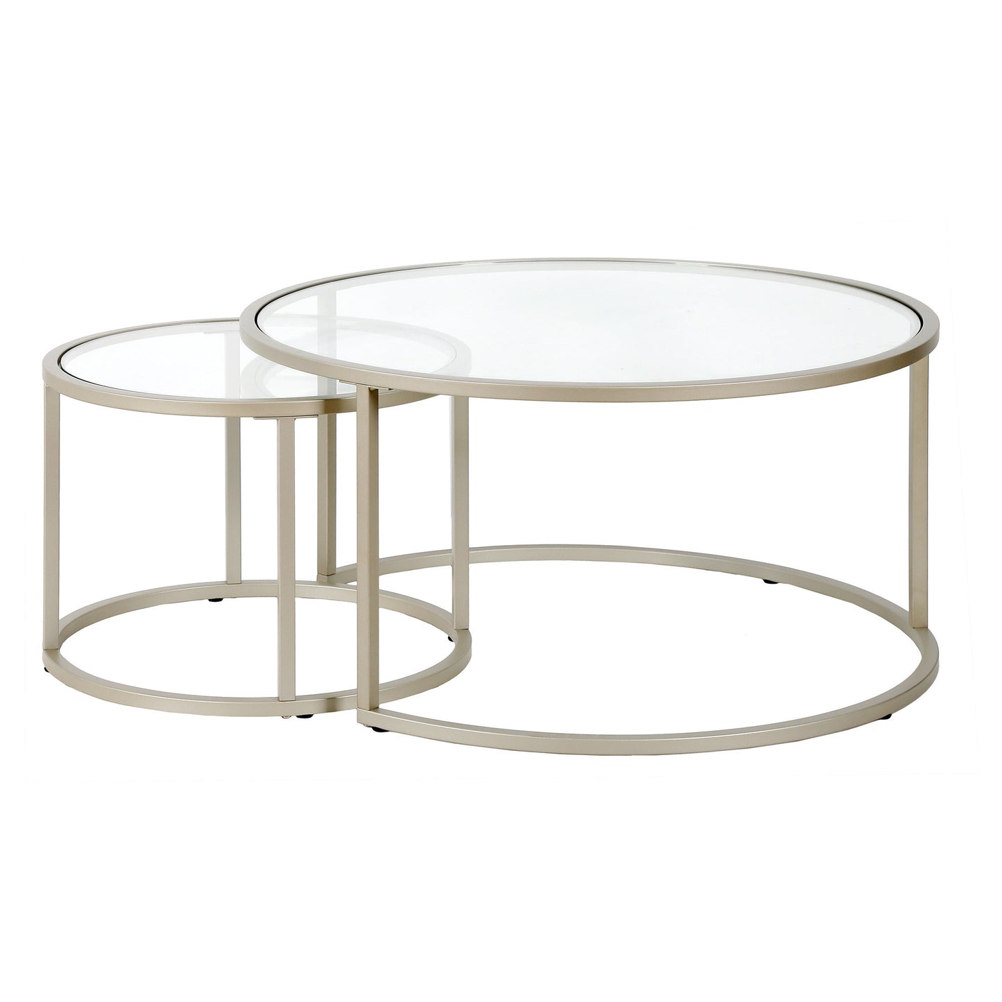 Set of Two 35" Silver Glass And Steel Round Nested Coffee Tables