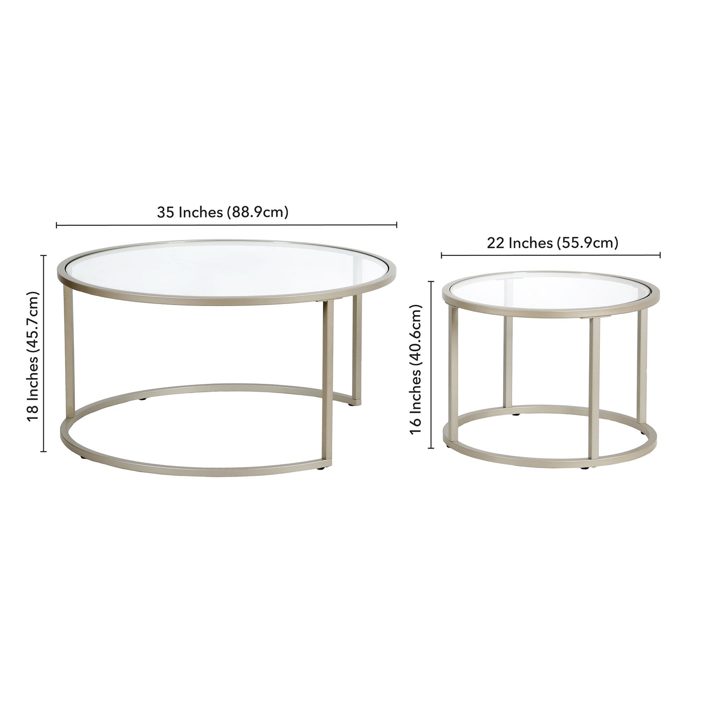 Set of Two 35" Silver Glass And Steel Round Nested Coffee Tables