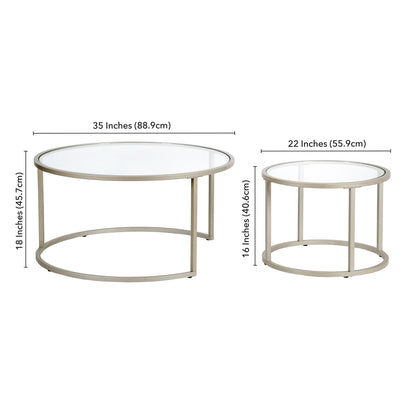 Set of Two 35" Silver Glass And Steel Round Nested Coffee Tables