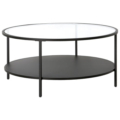 36" Black Glass And Steel Round Coffee Table With Shelf