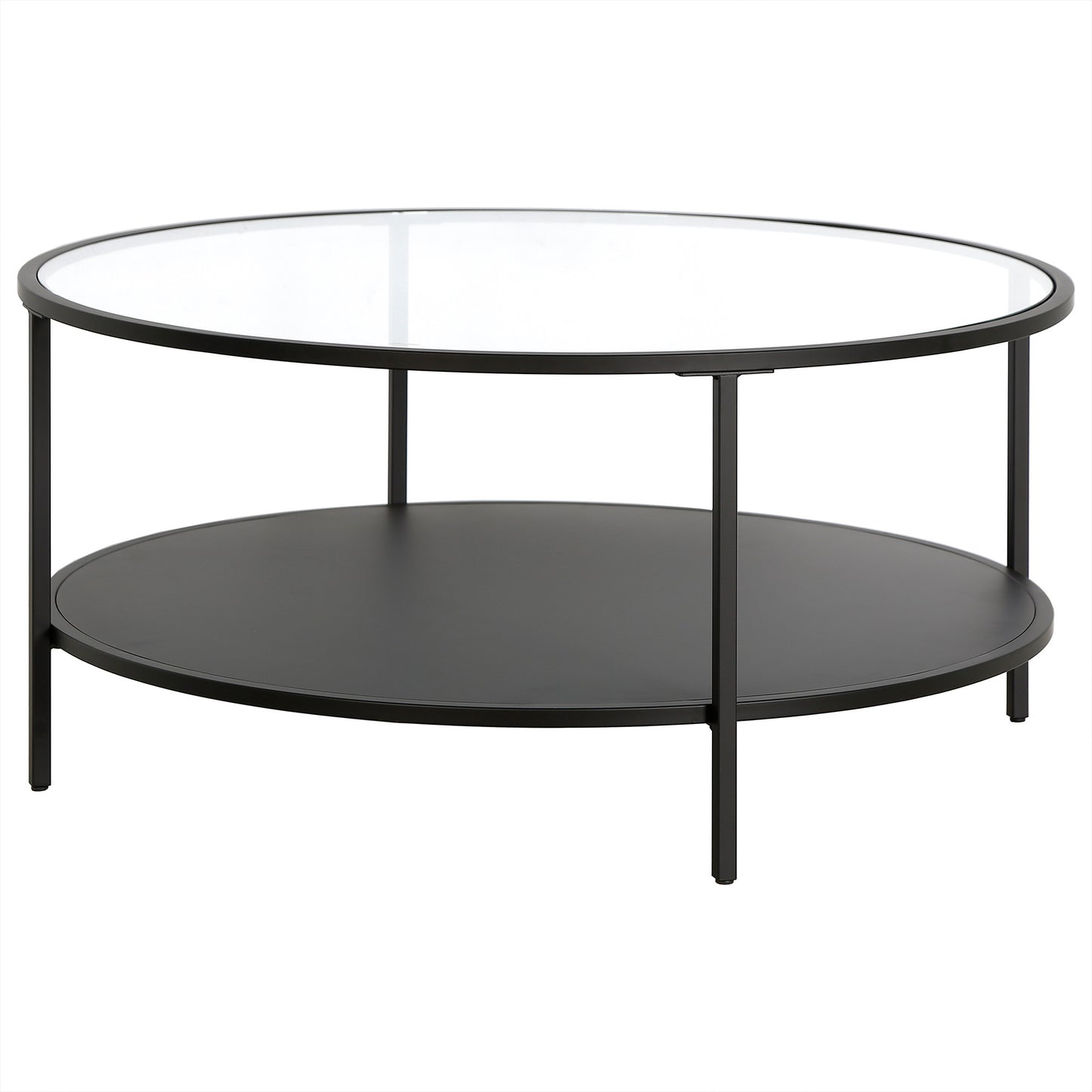 36" Black Glass And Steel Round Coffee Table With Shelf