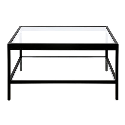 32" Clear And Black Glass And Steel Square Coffee Table With Shelf