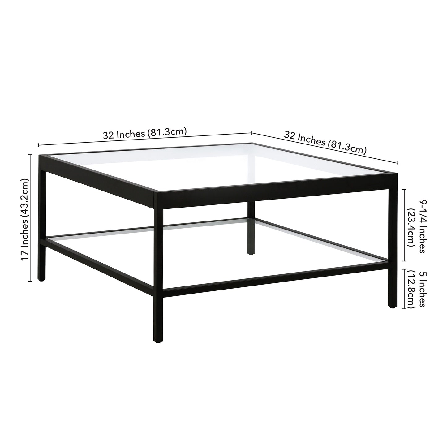 32" Clear And Black Glass And Steel Square Coffee Table With Shelf