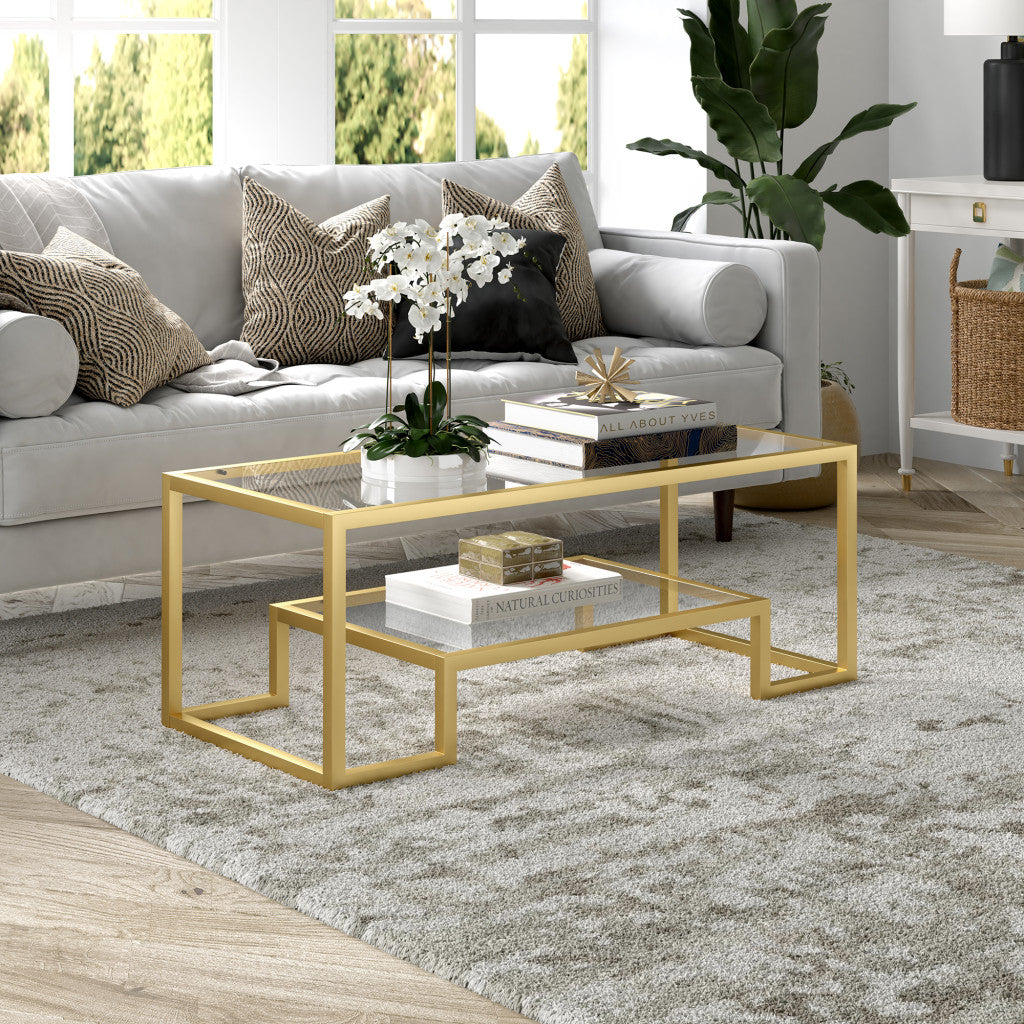 45" Gold Glass And Steel Coffee Table With Shelf