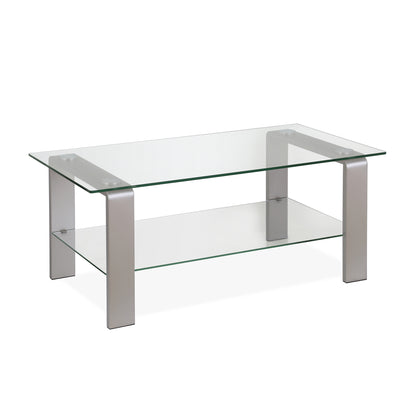 40" Clear And Silver Glass And Steel Coffee Table With Shelf