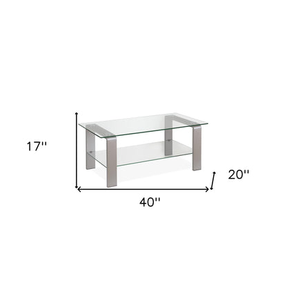 40" Clear And Silver Glass And Steel Coffee Table With Shelf