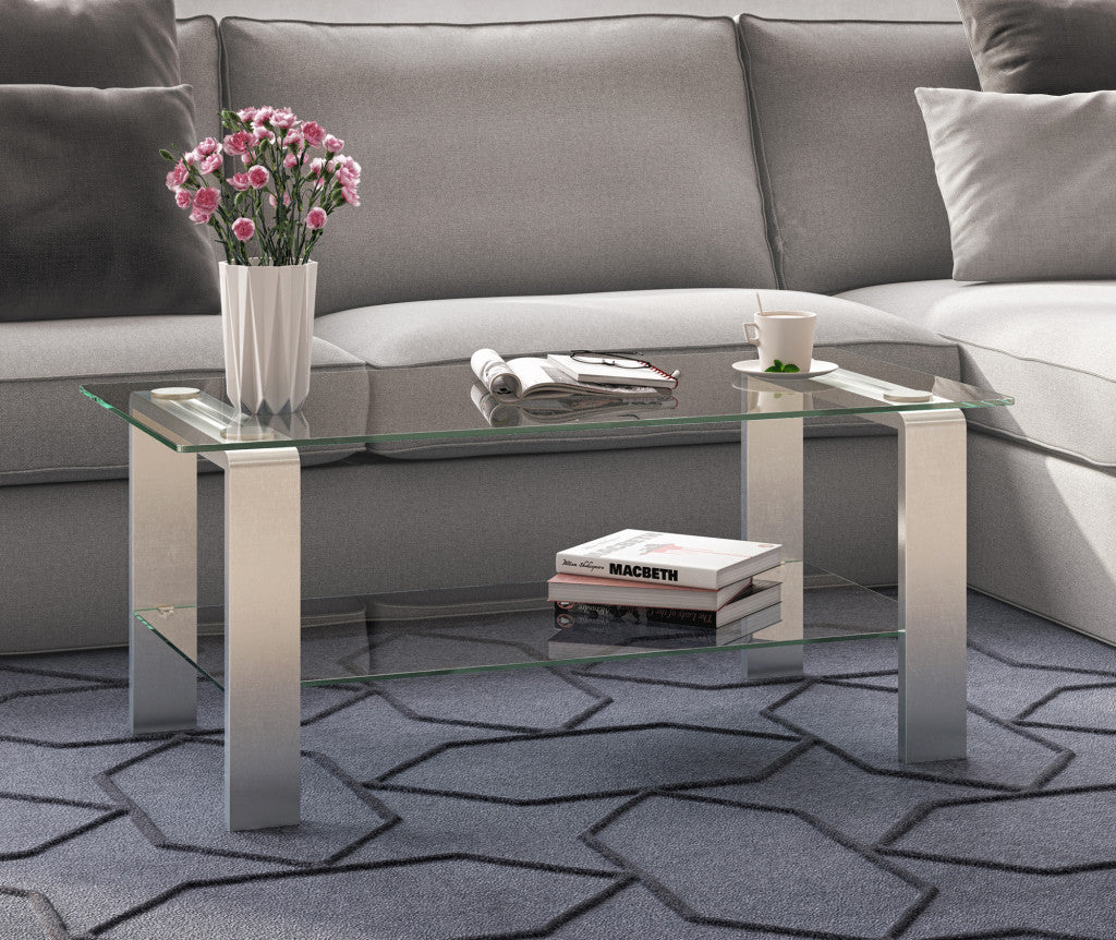 40" Clear And Silver Glass And Steel Coffee Table With Shelf