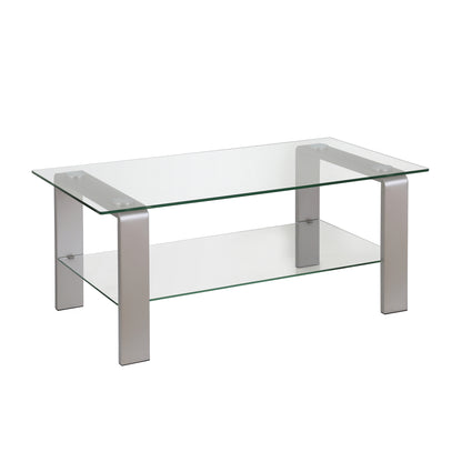 40" Clear And Silver Glass And Steel Coffee Table With Shelf