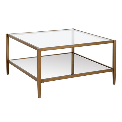 32" Gold Glass And Steel Square Coffee Table With Shelf