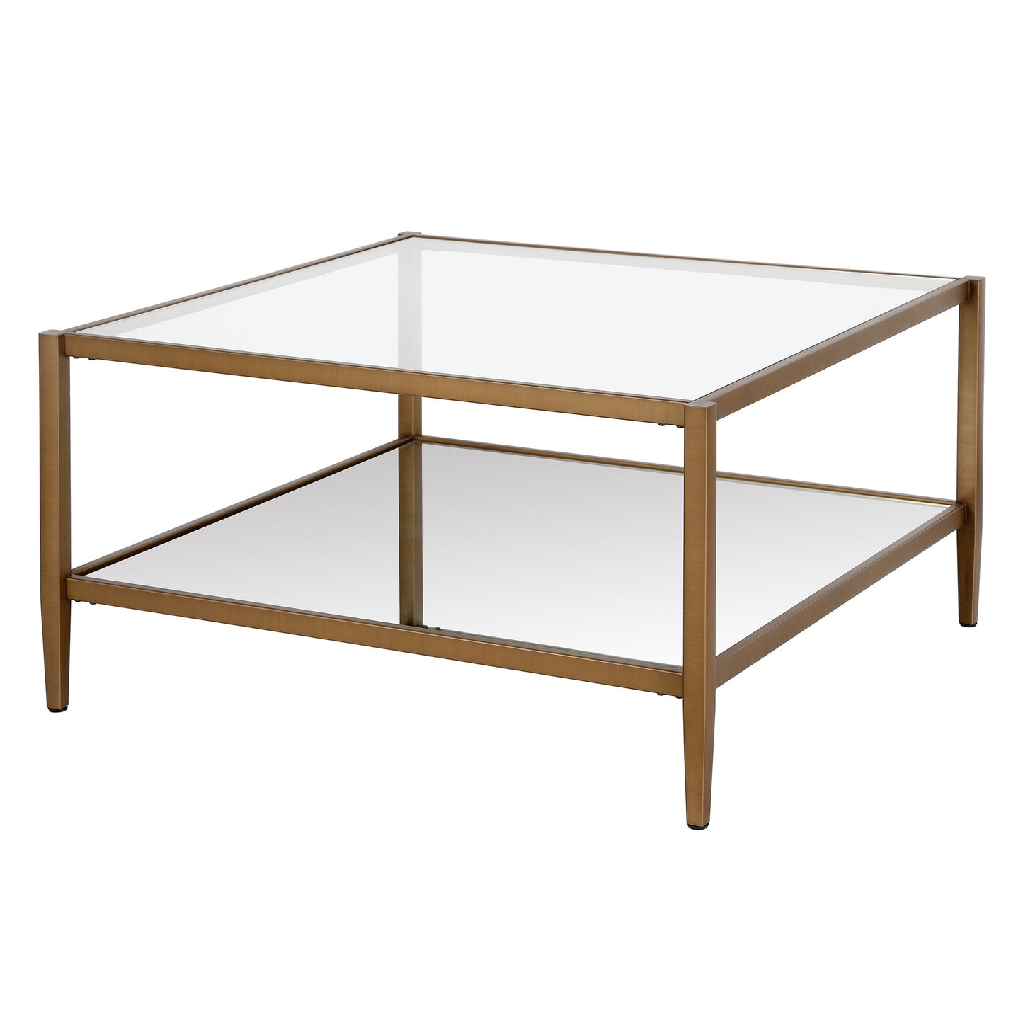 32" Gold Glass And Steel Square Coffee Table With Shelf