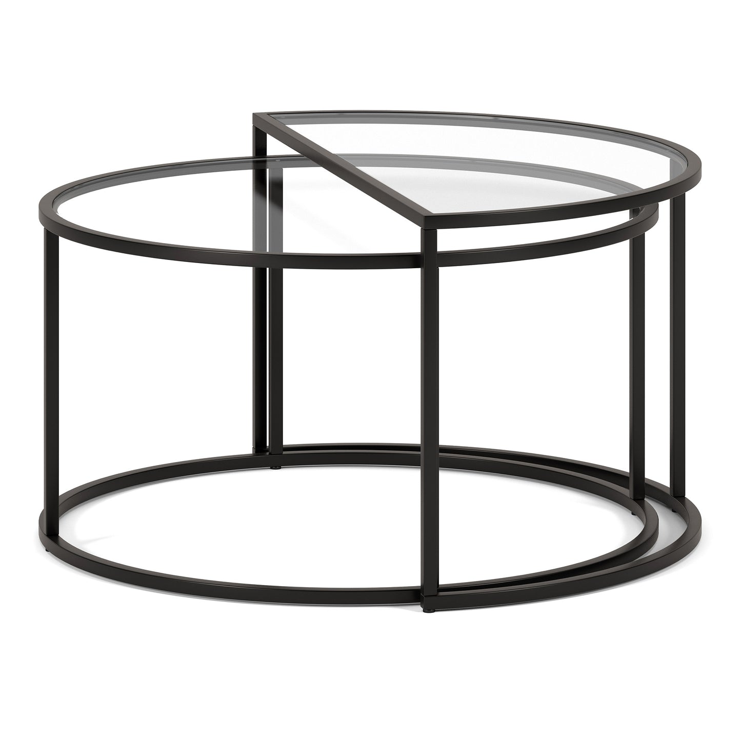 Set of Two 33" Black Glass And Steel Half Circle Nested Coffee Tables