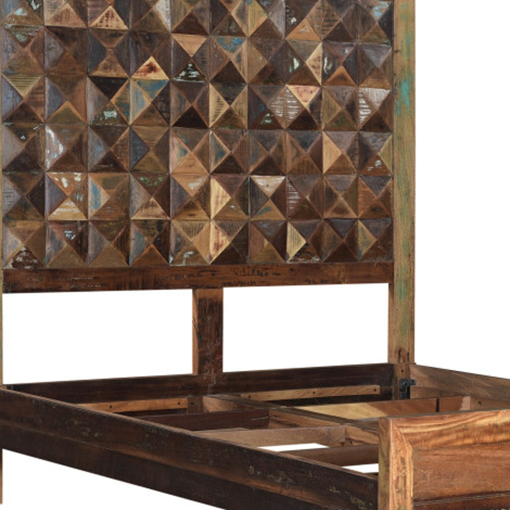 Solid Reclaimed Wood Queen Brown Geometric Panel Bed