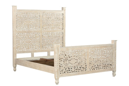 Distressed White Floral Carved Wood Queen Bed