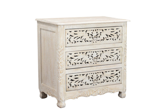 30" Distressed White Three Drawer Floral Carved Solid Wood Nightstand