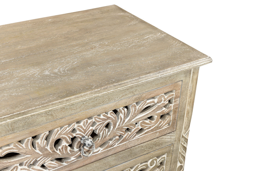 30" Distressed Gray Three Drawer Floral Carved Solid Wood Nightstand