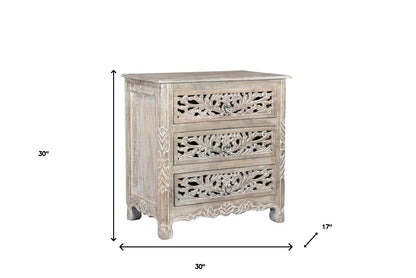 30" Distressed Gray Three Drawer Floral Carved Solid Wood Nightstand