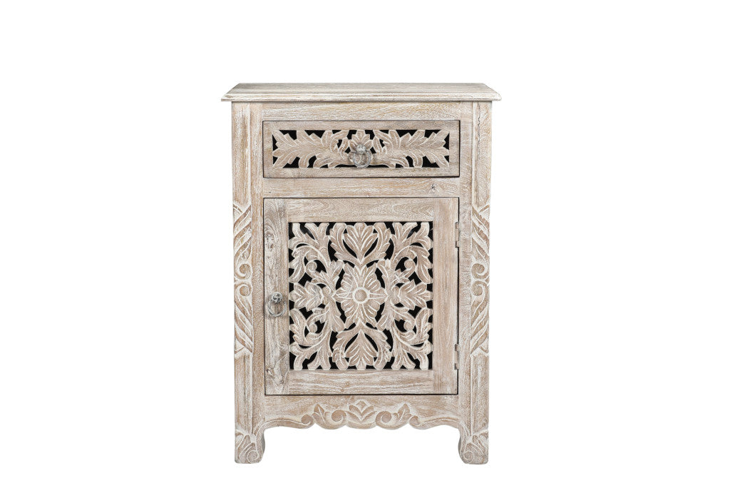 30" Distressed White One Drawer Carved Floral Solid Wood Nightstand