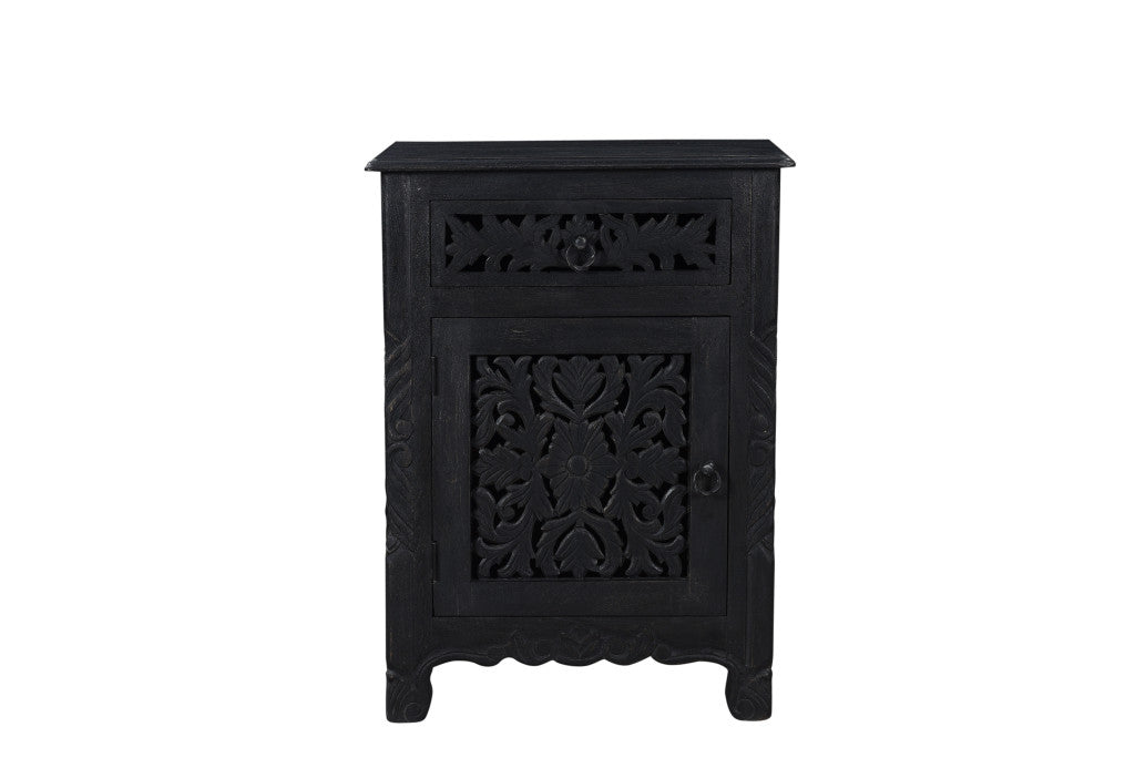 30" Distressed Black One Drawer Floral Carved Solid Wood Nightstand