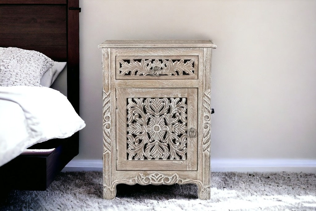 30" Distressed Gray One Drawer Carved Floral Solid Wood Nightstand