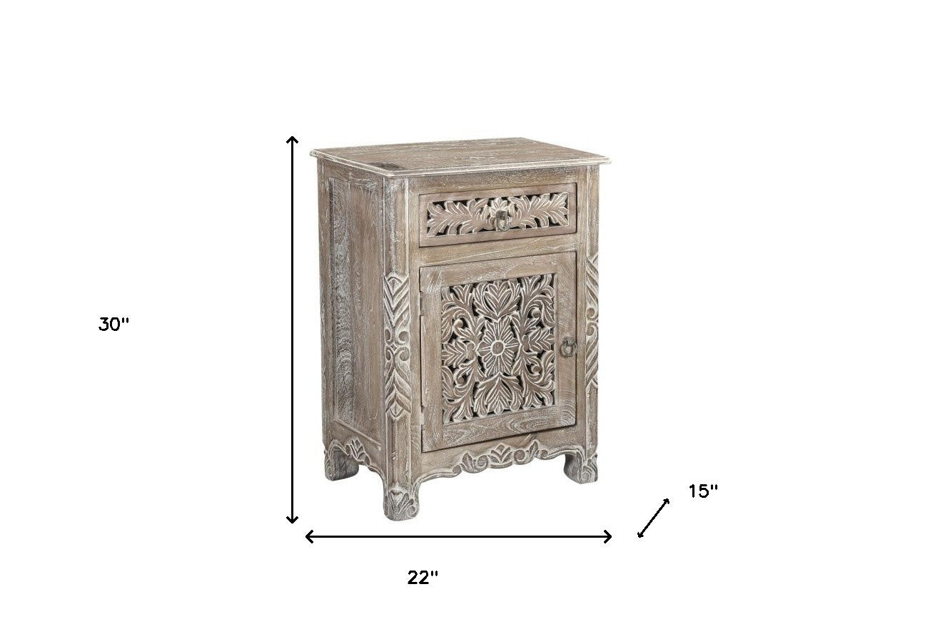 30" Distressed Gray One Drawer Carved Floral Solid Wood Nightstand