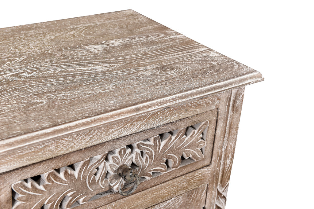 22" Gray One Drawer One Door Floral Carved Nightstand