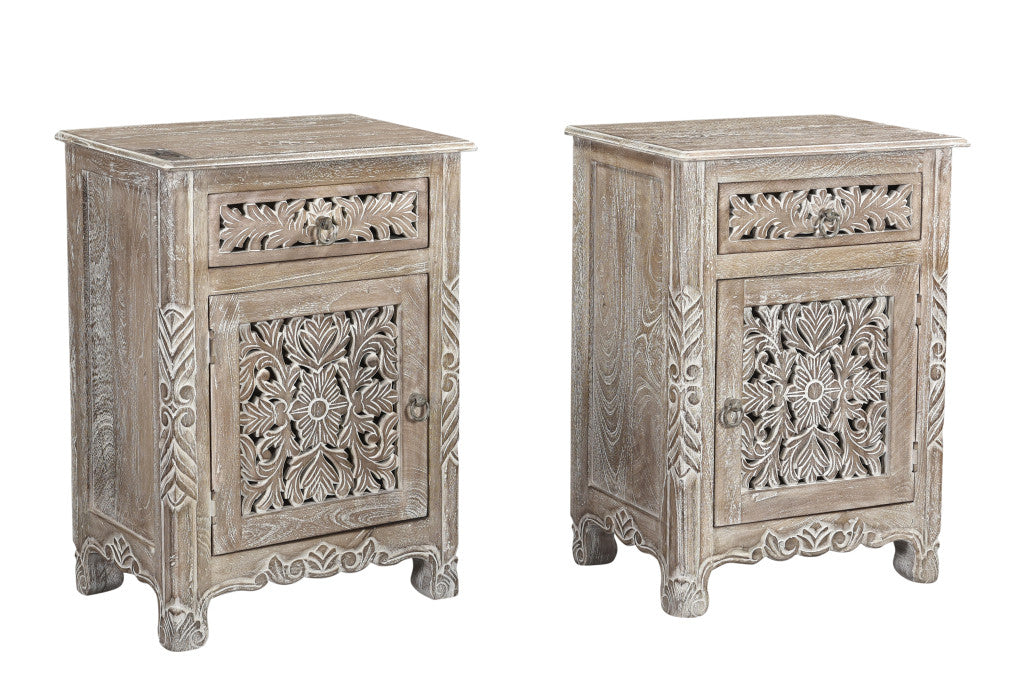 22" Gray One Drawer One Door Floral Carved Nightstand