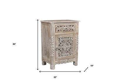 22" Gray One Drawer One Door Floral Carved Nightstand