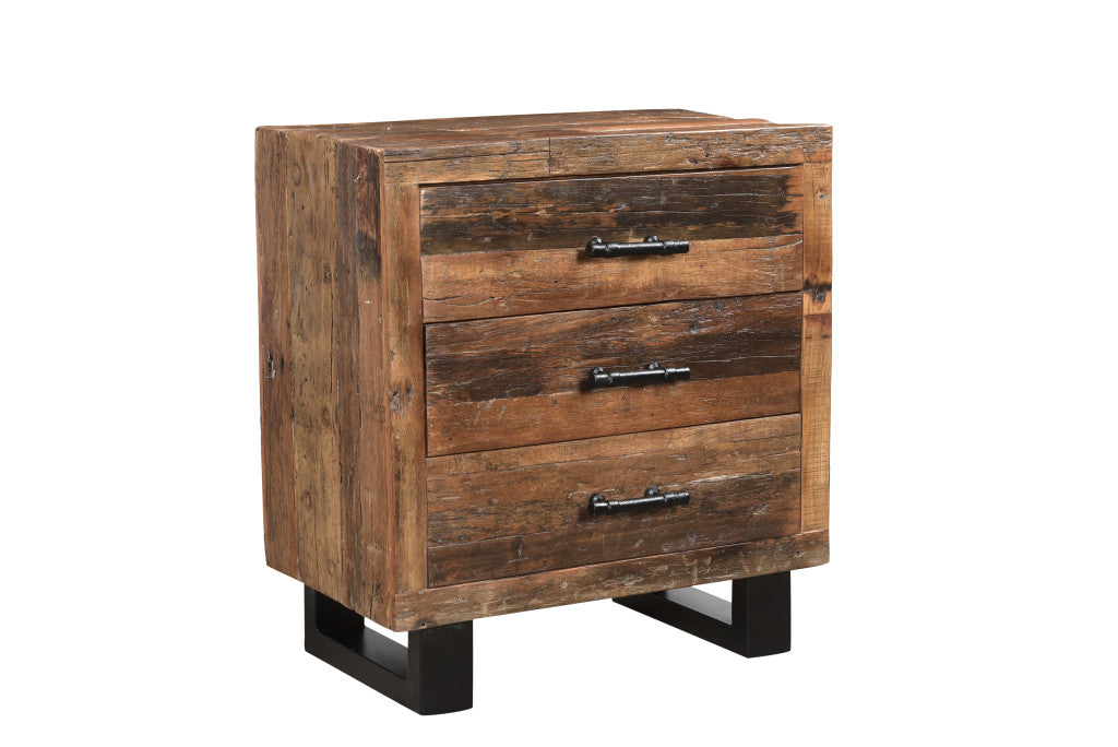 30" Distressed Dark Brown Three Drawer Wood and Metal Nightstand