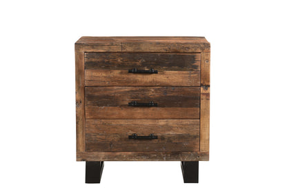 30" Distressed Dark Brown Three Drawer Wood and Metal Nightstand