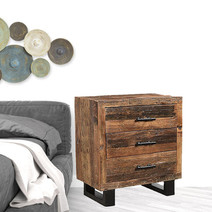 30" Distressed Dark Brown Three Drawer Wood and Metal Nightstand