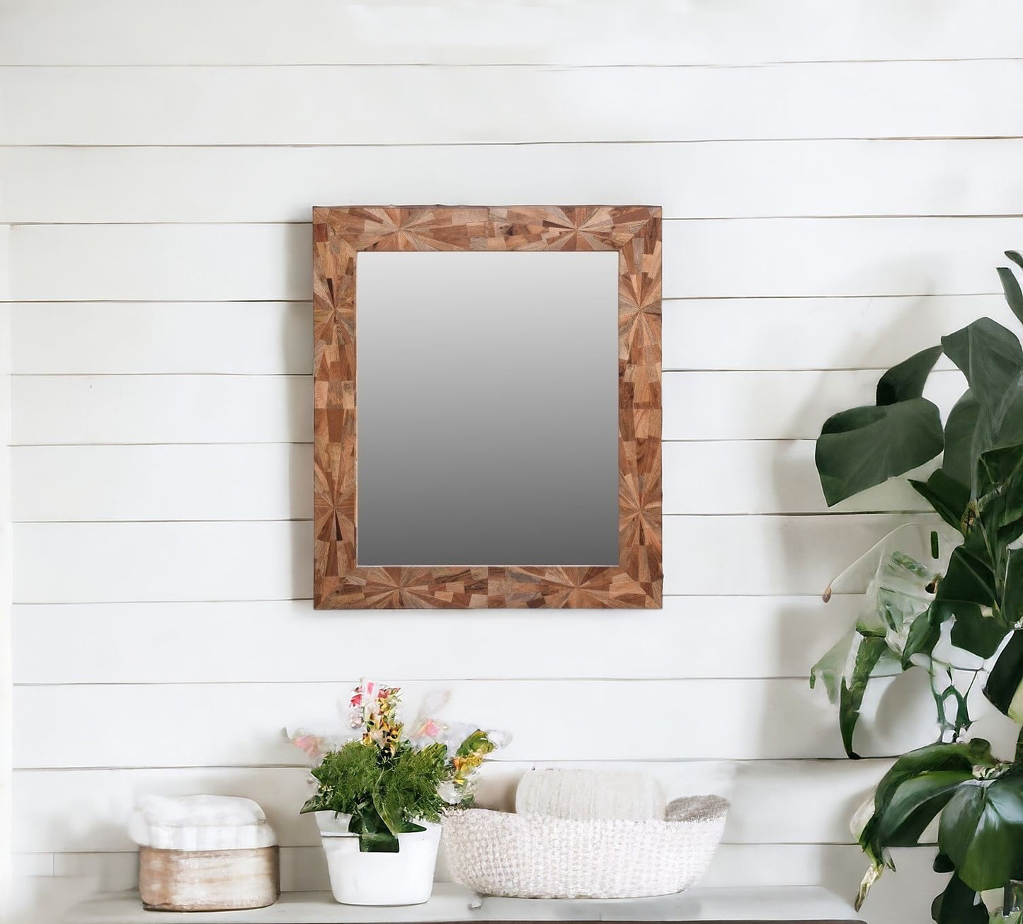 46" Brown Solid Wood Geometric Starburst Framed Accent Mirror