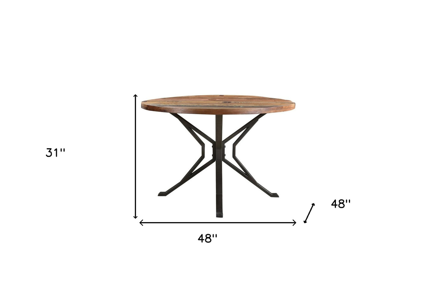 48" Brown And Black Rounded Solid Wood And Metal Pedestal Base Dining Table