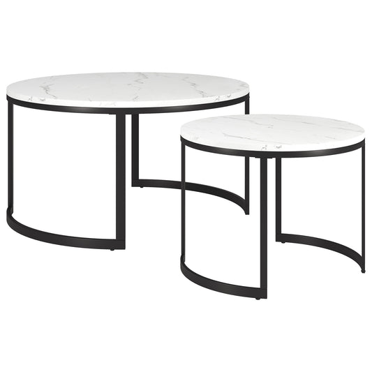 Set of Two 36" White And Black Faux Marble And Steel Round Nested Coffee Tables