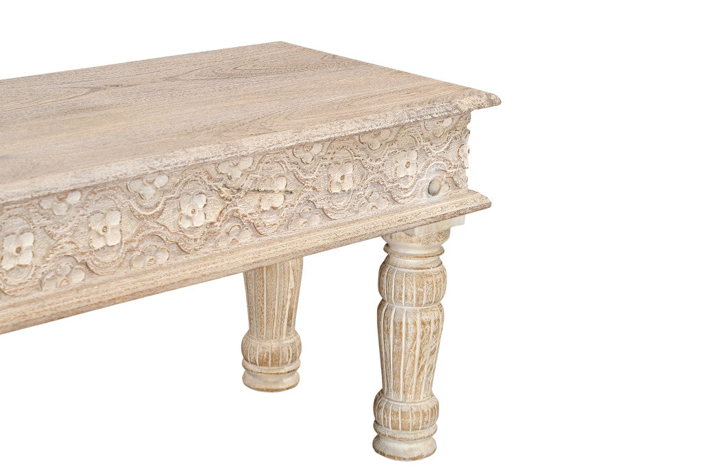 58" White Distressed and Carved Solid Wood Dining bench