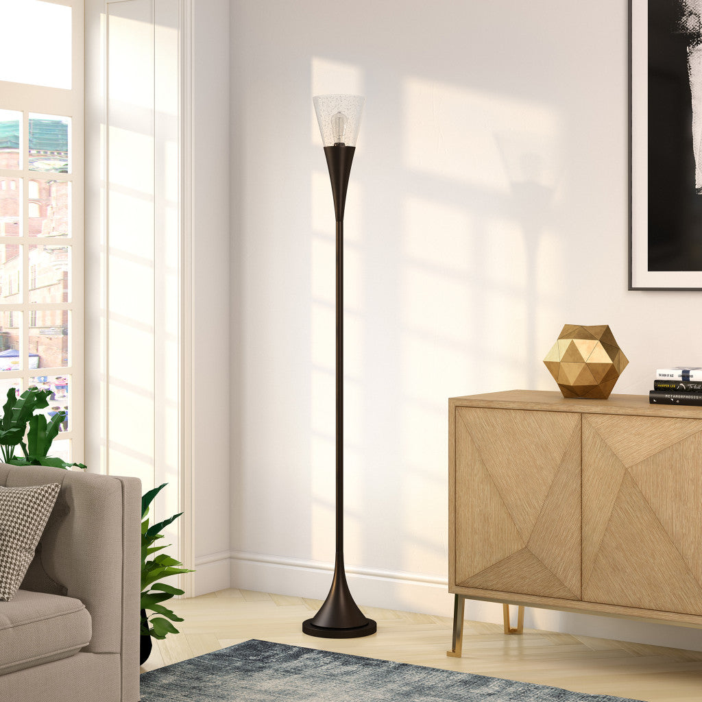 71" Black Torchiere Floor Lamp With Clear Seeded Glass Cone Shade