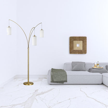 83" Brass Three Light Tree Floor Lamp With White Frosted Glass Drum Shade